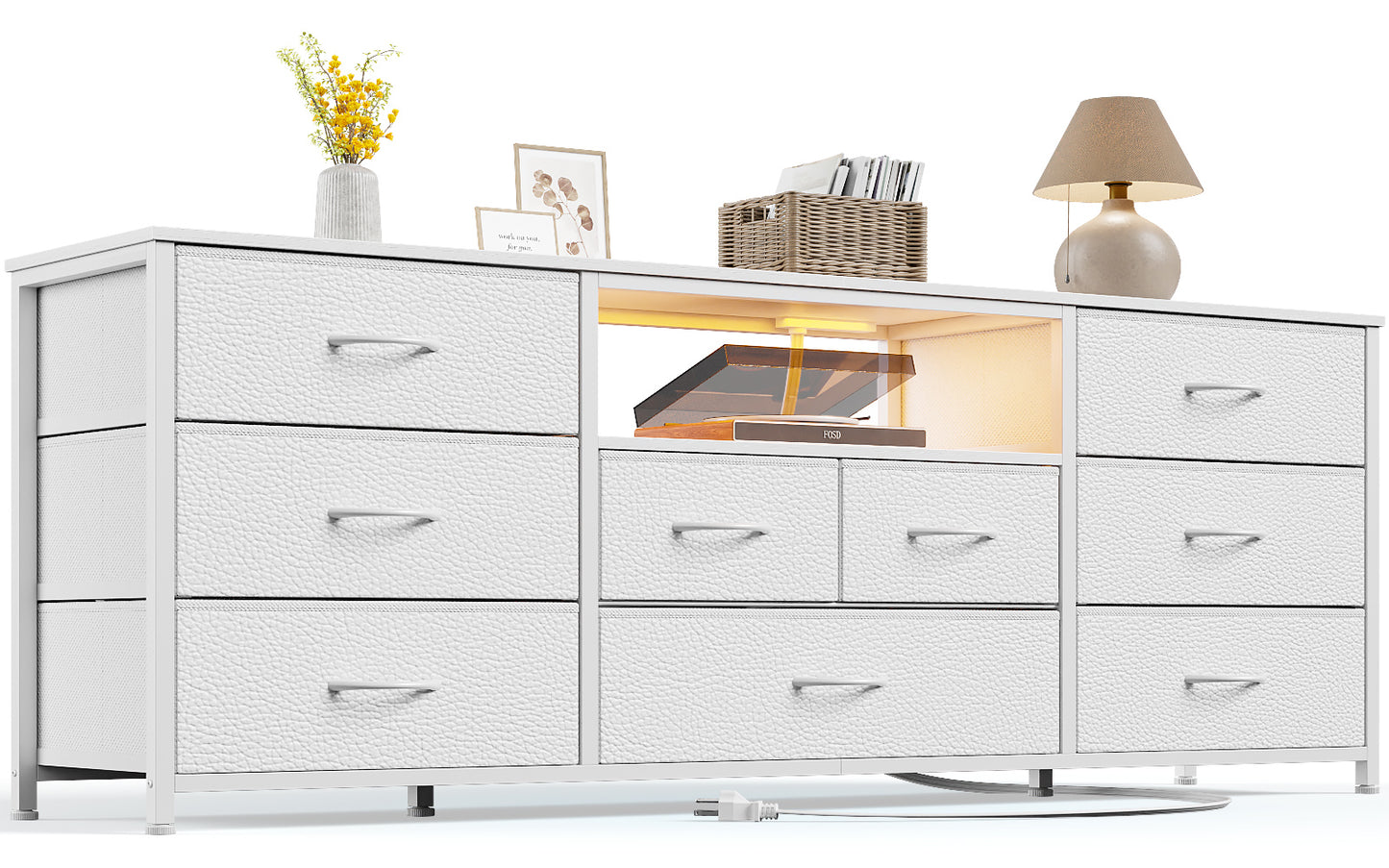 Satifur TV Cabinet Stands for TVs up to 75", Entertainment Center with Outlet & LED, Media Console Table with 9 Drawers for Living Room, White
