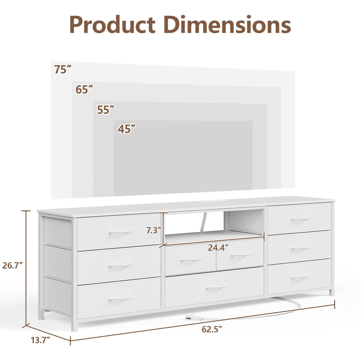 Tydimor TV Cabinet Stands for TVs up to 75", Entertainment Center with Outlet & LED, Media Console Table with 9 Drawers for Living Room, White