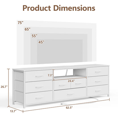 Tydimor TV Cabinet Stands for TVs up to 75", Entertainment Center with Outlet & LED, Media Console Table with 9 Drawers for Living Room, White