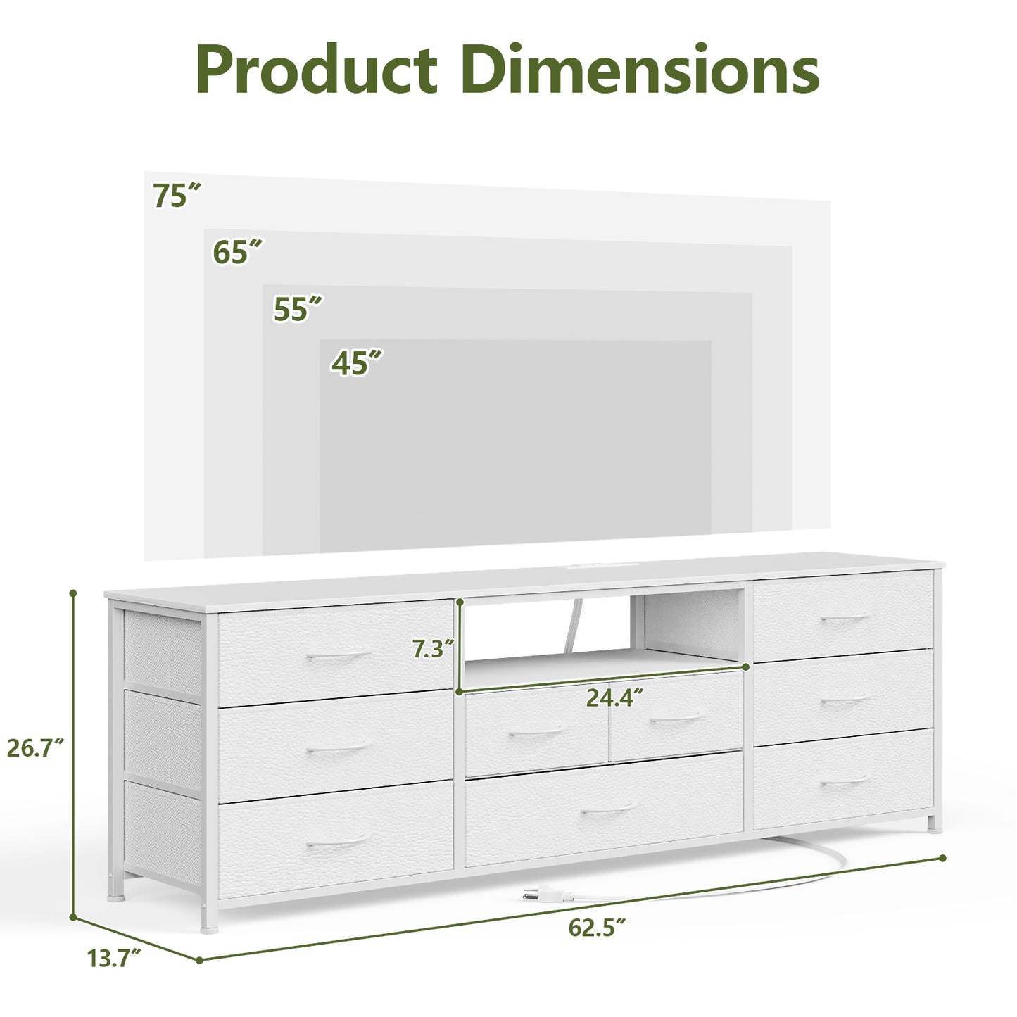 Satifur TV Cabinet Stands for TVs up to 75", Entertainment Center with Outlet & LED, Media Console Table with 9 Drawers for Living Room, White