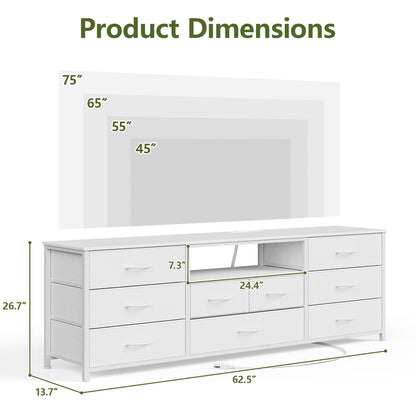 Satifur TV Cabinet Stands for TVs up to 75", Entertainment Center with Outlet & LED, Media Console Table with 9 Drawers for Living Room, White