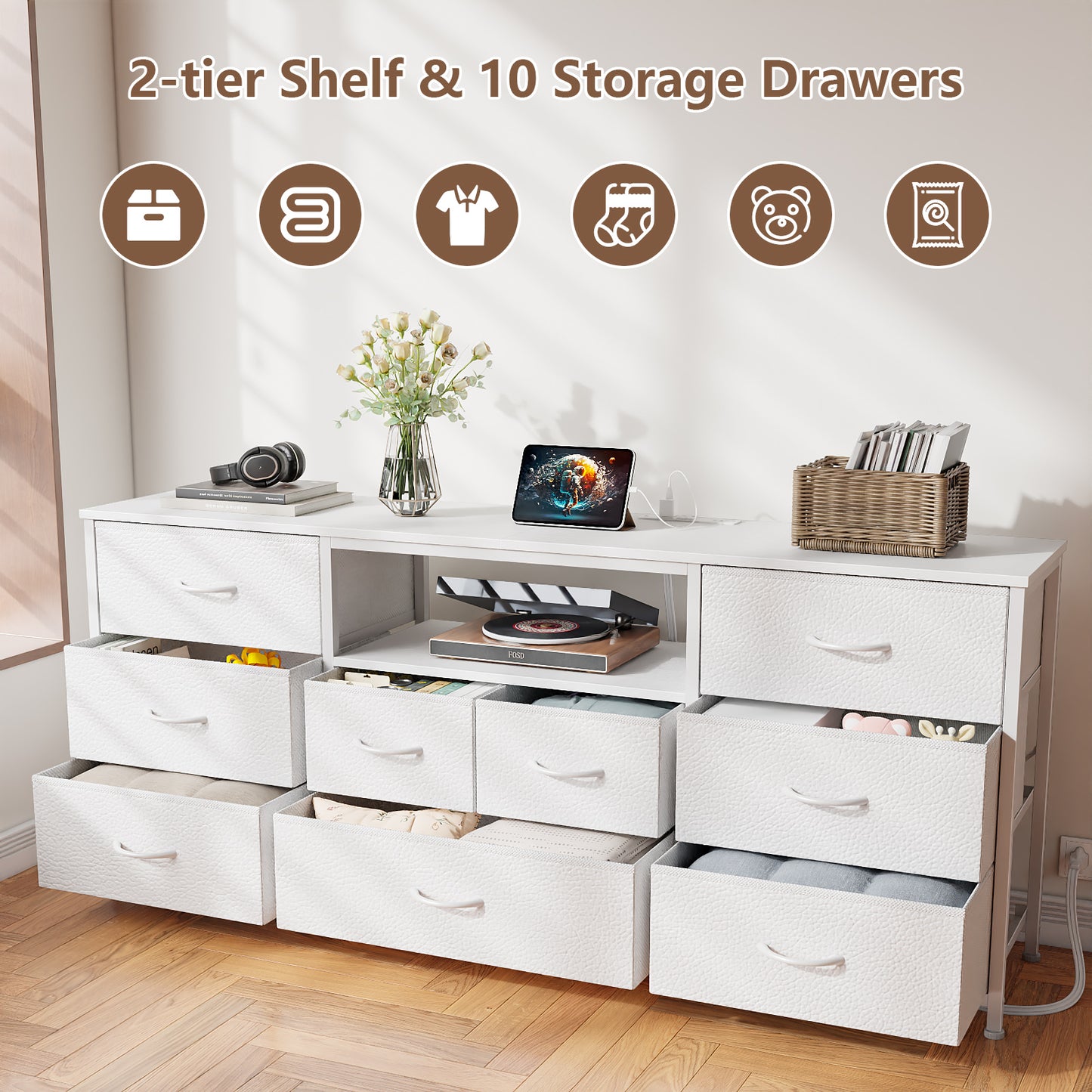 Tydimor TV Cabinet Stands for TVs up to 75", Entertainment Center with Outlet & LED, Media Console Table with 9 Drawers for Living Room, White