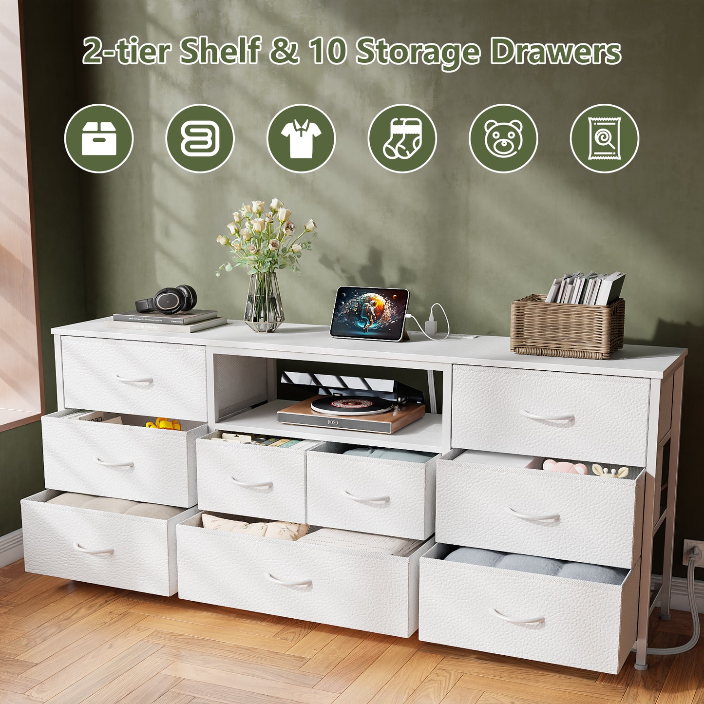 Satifur TV Cabinet Stands for TVs up to 75", Entertainment Center with Outlet & LED, Media Console Table with 9 Drawers for Living Room, White