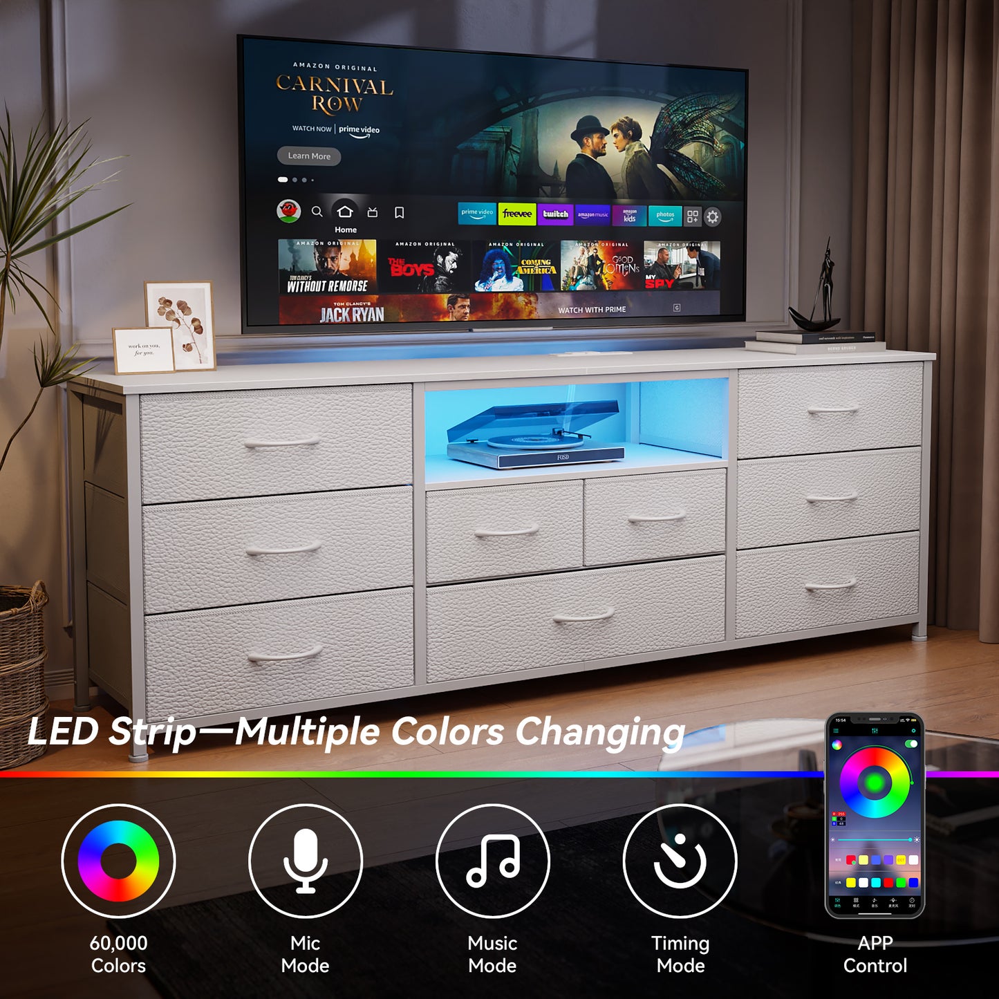 Tydimor TV Cabinet Stands for TVs up to 75", Entertainment Center with Outlet & LED, Media Console Table with 9 Drawers for Living Room, White