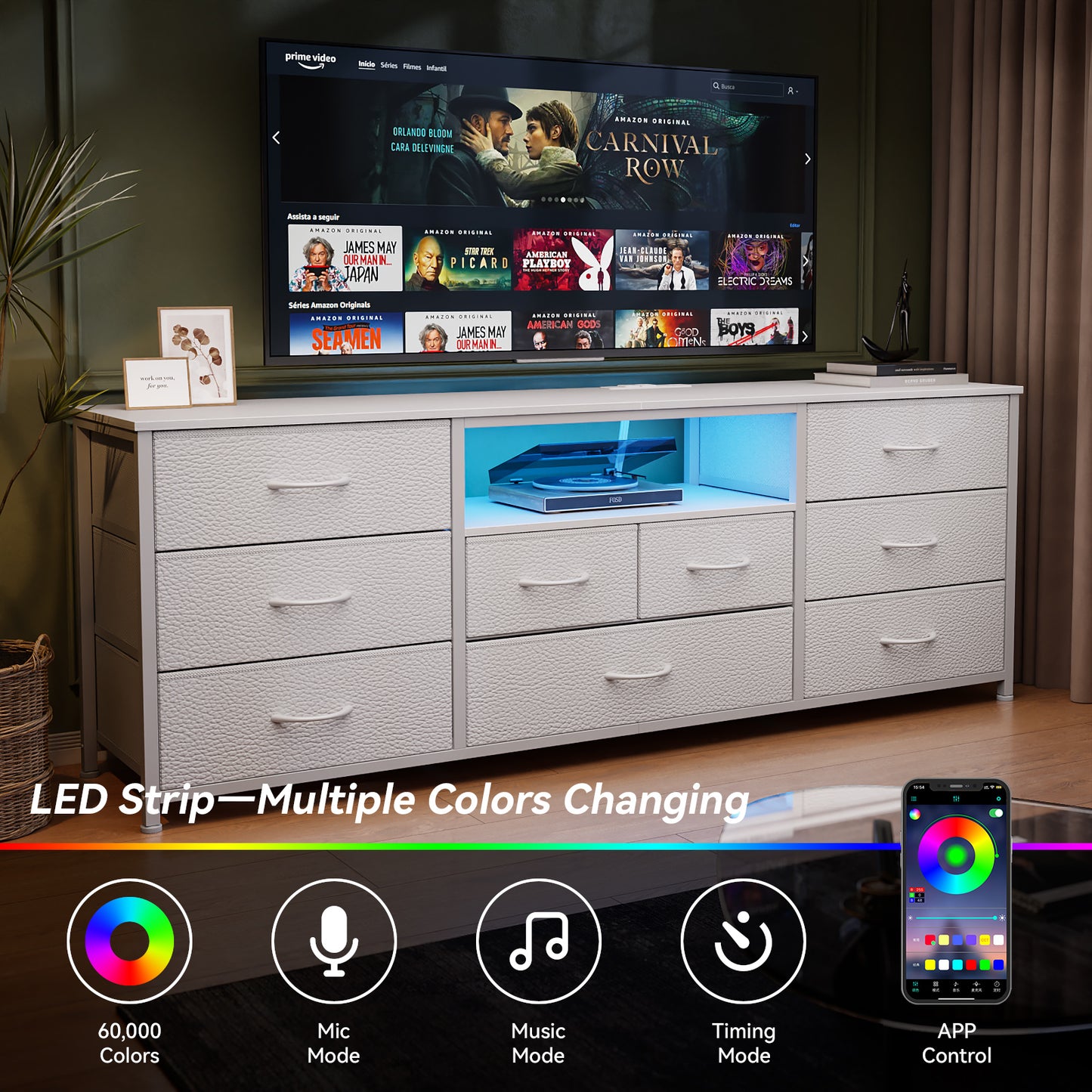 Satifur TV Cabinet Stands for TVs up to 75", Entertainment Center with Outlet & LED, Media Console Table with 9 Drawers for Living Room, White
