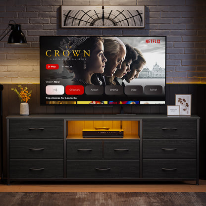 Tydimor TV Cabinet Stands for TVs up to 75", Entertainment Center with Outlet & LED, Media Console Table with 9 Drawers for Living Room, White