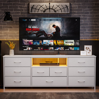Satifur TV Cabinet Stands for TVs up to 75", Entertainment Center with Outlet & LED, Media Console Table with 9 Drawers for Living Room, White