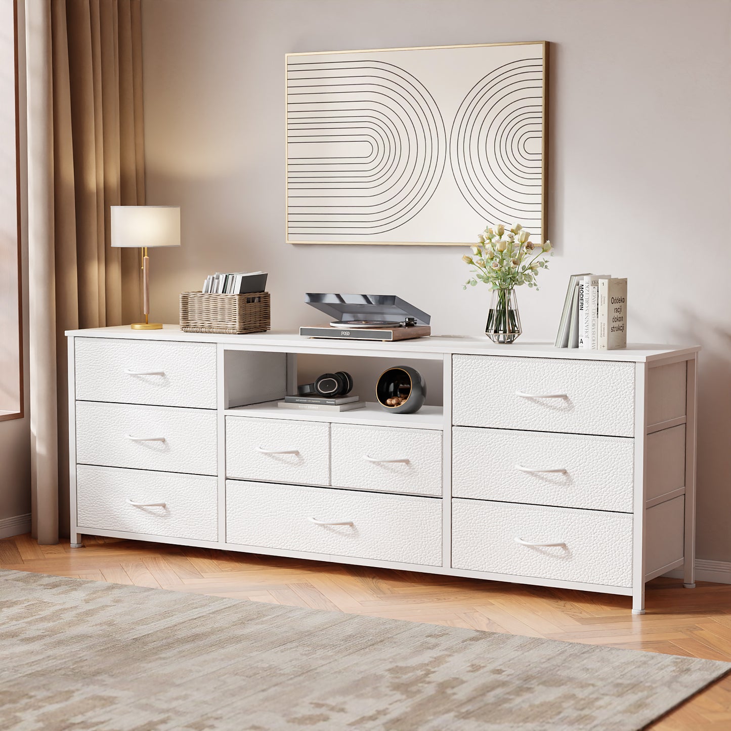 Tydimor TV Cabinet Stands for TVs up to 75", Entertainment Center with Outlet & LED, Media Console Table with 9 Drawers for Living Room, White