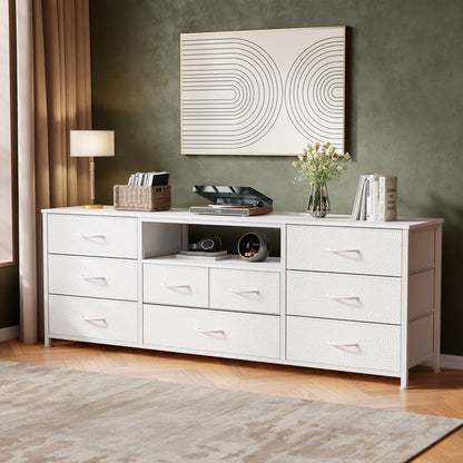 Satifur TV Cabinet Stands for TVs up to 75", Entertainment Center with Outlet & LED, Media Console Table with 9 Drawers for Living Room, White
