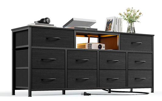 Tydimor TV Cabinet Stands for TVs up to 65", Entertainment Center with Outlet & LED, Media Console Table with 10 Drawers for Living Room, Black
