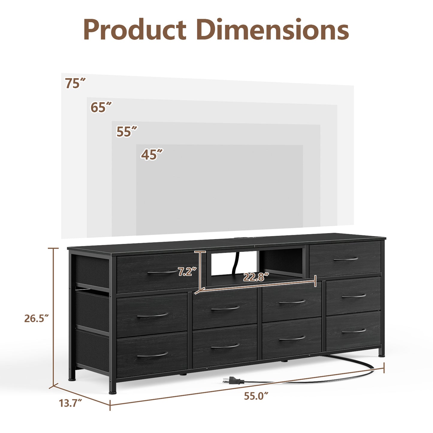 Tydimor TV Cabinet Stands for TVs up to 65", Entertainment Center with Outlet & LED, Media Console Table with 10 Drawers for Living Room, Black