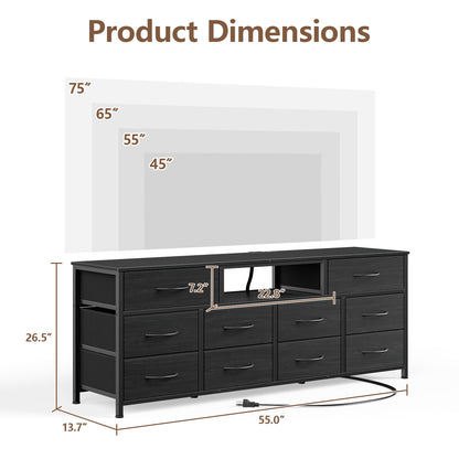 Tydimor TV Cabinet Stands for TVs up to 65", Entertainment Center with Outlet & LED, Media Console Table with 10 Drawers for Living Room, Black