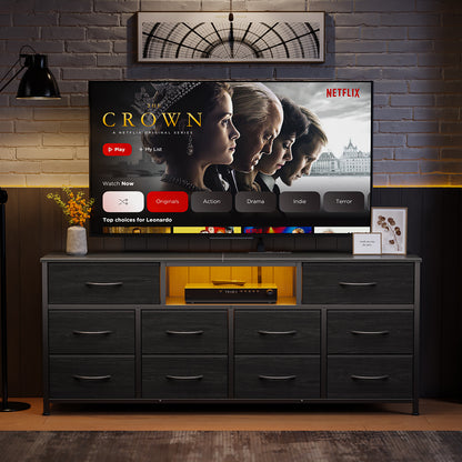 Tydimor TV Cabinet Stands for TVs up to 65", Entertainment Center with Outlet & LED, Media Console Table with 10 Drawers for Living Room, Black
