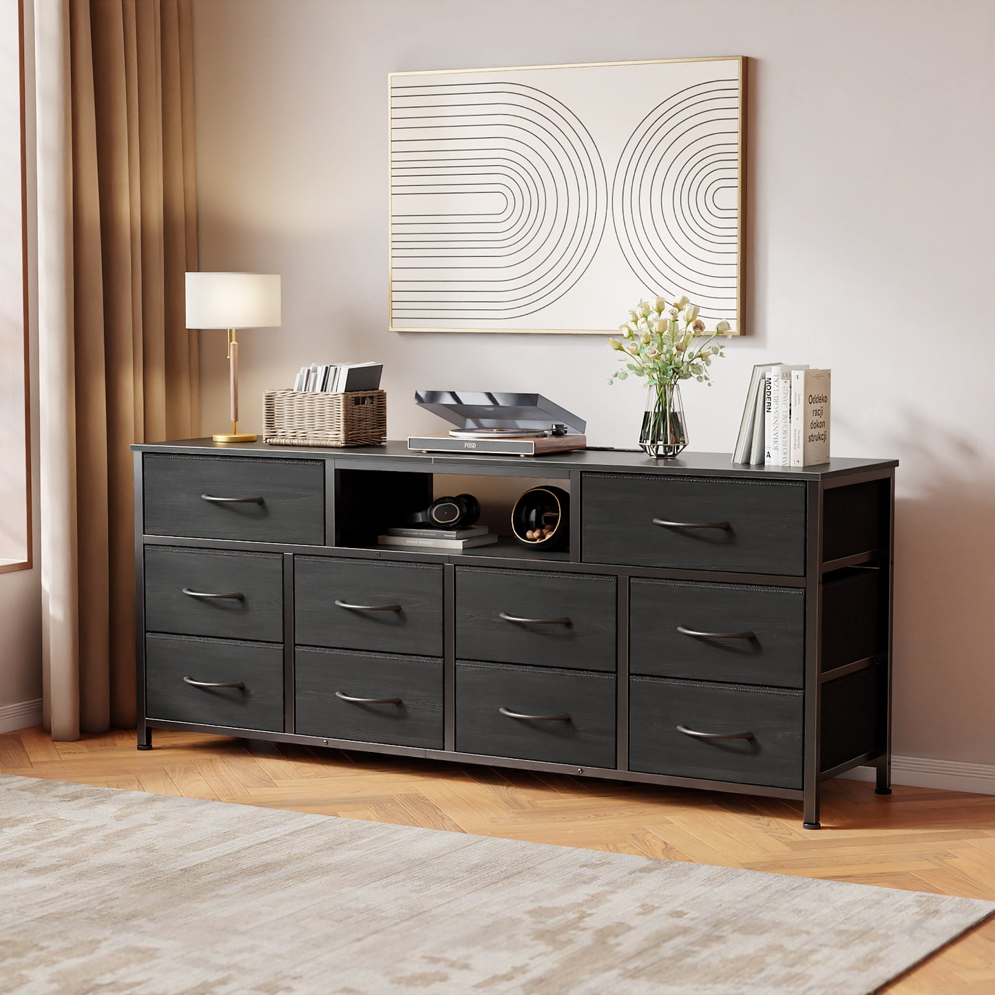 Tydimor TV Cabinet Stands for TVs up to 65", Entertainment Center with Outlet & LED, Media Console Table with 10 Drawers for Living Room, Black