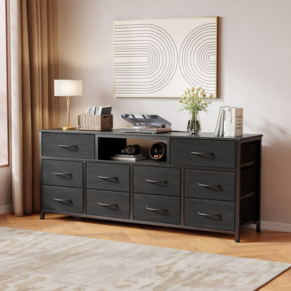 Tydimor TV Cabinet Stands for TVs up to 65", Entertainment Center with Outlet & LED, Media Console Table with 10 Drawers for Living Room, Black