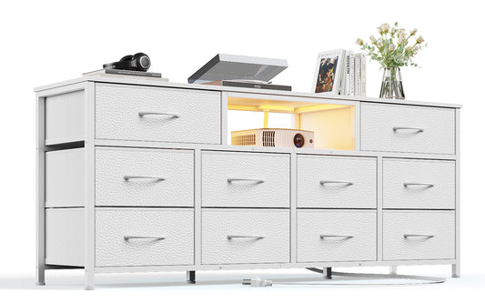 Tydimor TV Cabinet Stands for TVs up to 65", Entertainment Center with Outlet & LED, Media Console Table with 10 Drawers for Living Room, White