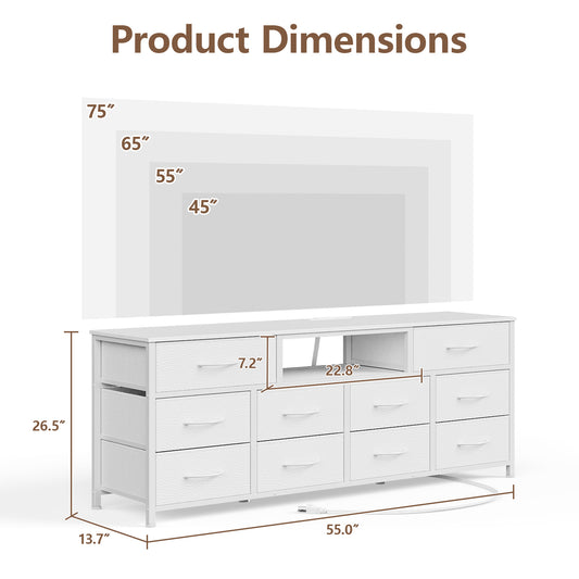 Tydimor TV Cabinet Stands for TVs up to 65", Entertainment Center with Outlet & LED, Media Console Table with 10 Drawers for Living Room, White