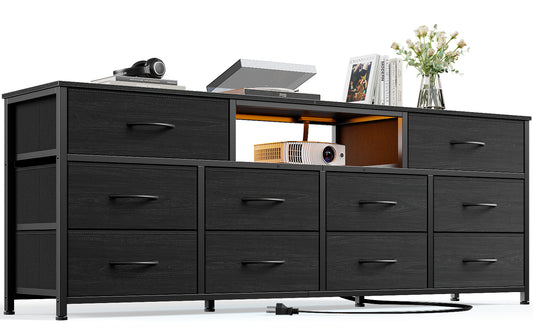 Tydimor TV Cabinet Stands for TVs up to 75", Entertainment Center with Outlet & LED, Media Console Table with 10 Drawers for Living Room, Black