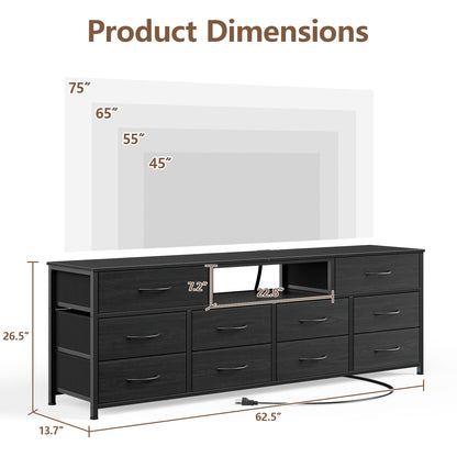 Tydimor TV Cabinet Stands for TVs up to 75", Entertainment Center with Outlet & LED, Media Console Table with 10 Drawers for Living Room, Black