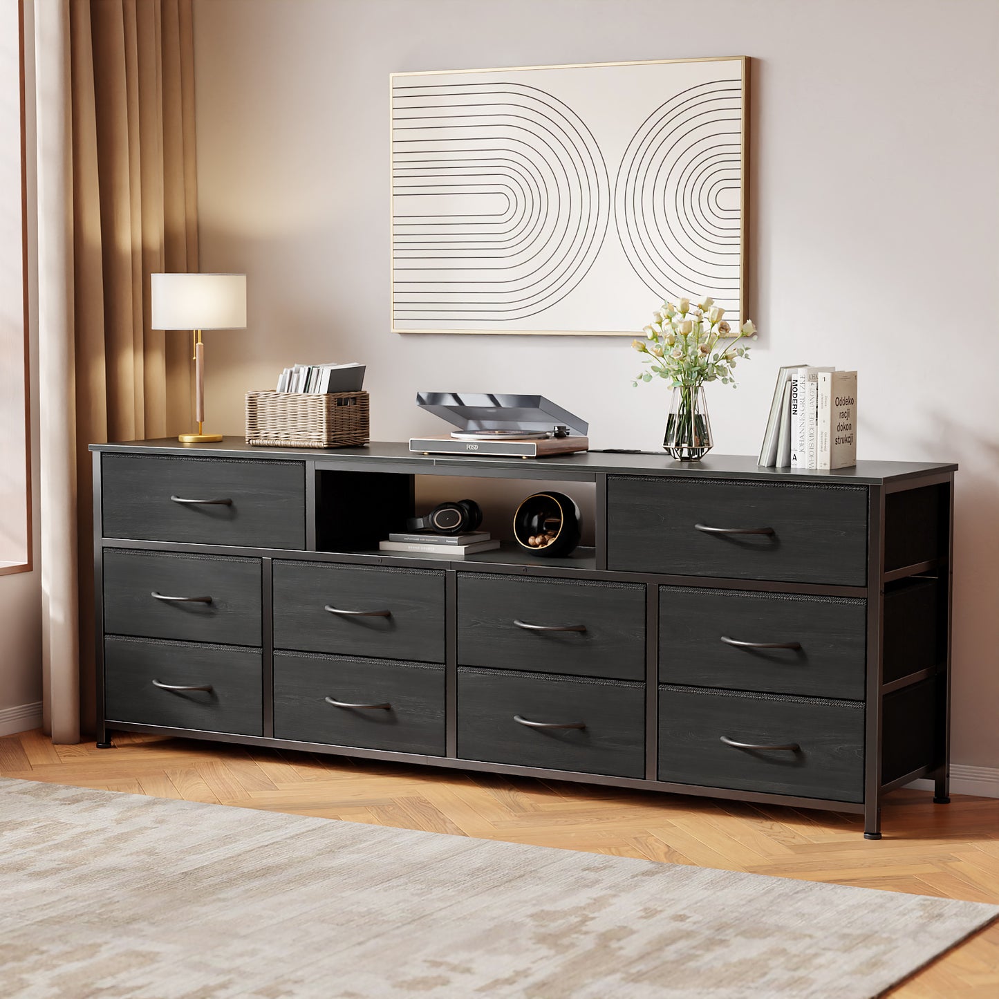 Tydimor TV Cabinet Stands for TVs up to 75", Entertainment Center with Outlet & LED, Media Console Table with 10 Drawers for Living Room, Black