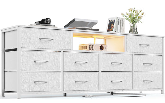 Tydimor TV Cabinet Stands for TVs up to 75", Entertainment Center with Outlet & LED, Media Console Table with 10 Drawers for Living Room, White
