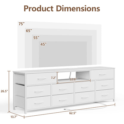 Tydimor TV Cabinet Stands for TVs up to 75", Entertainment Center with Outlet & LED, Media Console Table with 10 Drawers for Living Room, White