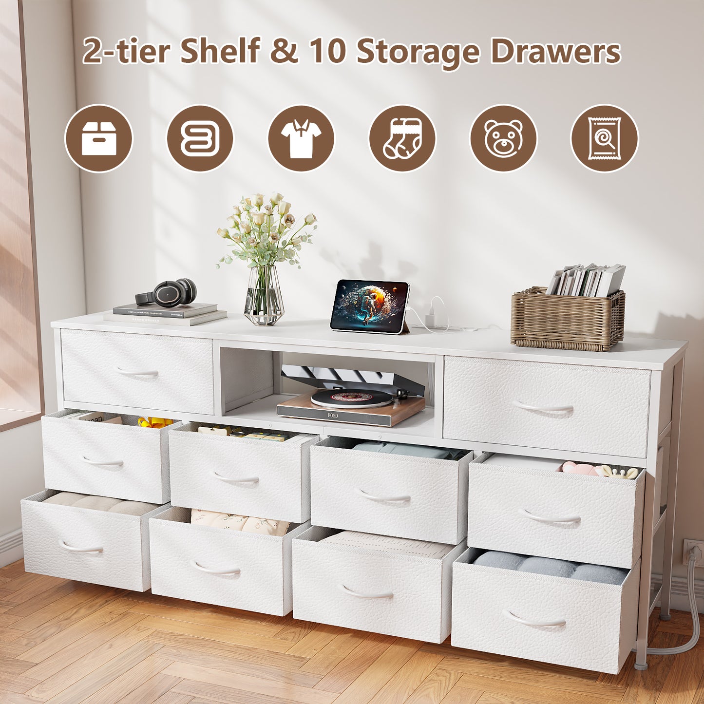 Tydimor TV Cabinet Stands for TVs up to 75", Entertainment Center with Outlet & LED, Media Console Table with 10 Drawers for Living Room, White