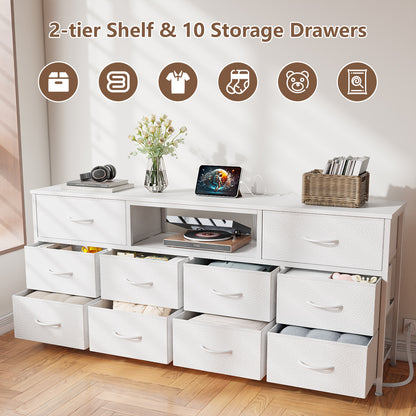 Tydimor TV Cabinet Stands for TVs up to 75", Entertainment Center with Outlet & LED, Media Console Table with 10 Drawers for Living Room, White