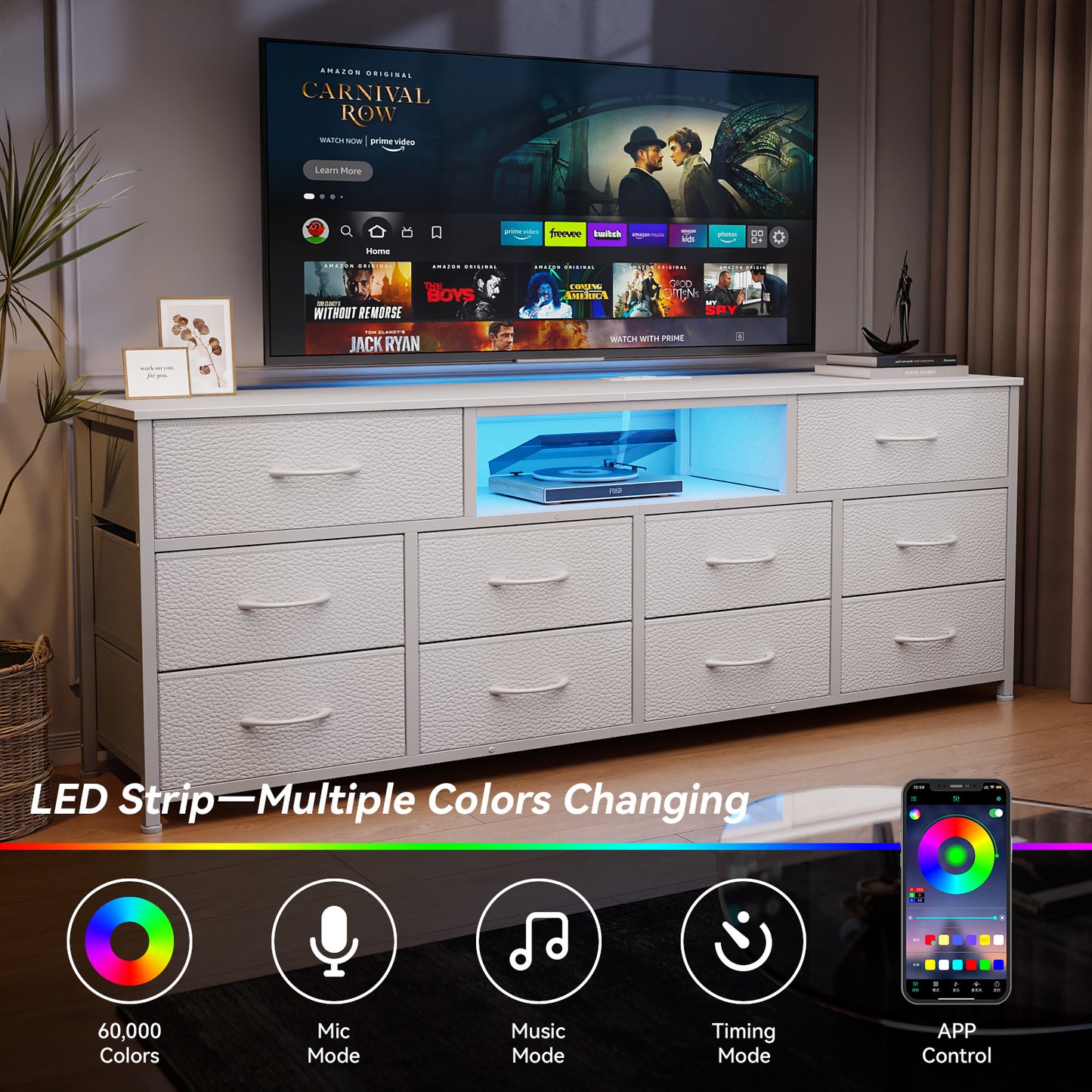 Tydimor TV Cabinet Stands for TVs up to 75", Entertainment Center with Outlet & LED, Media Console Table with 10 Drawers for Living Room, White