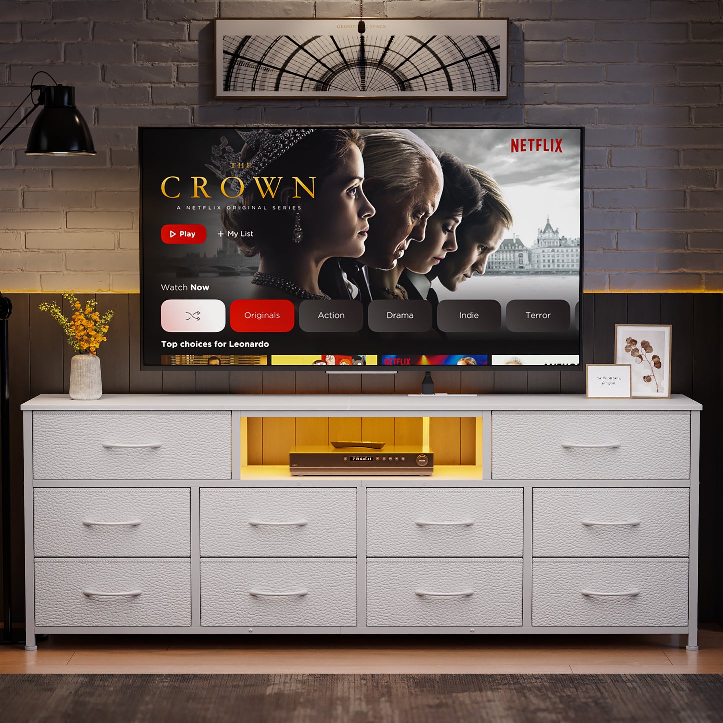 Tydimor TV Cabinet Stands for TVs up to 75", Entertainment Center with Outlet & LED, Media Console Table with 10 Drawers for Living Room, White