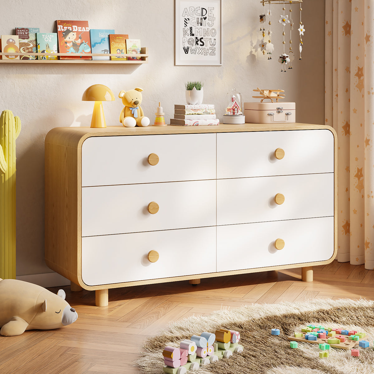 Satifur 6-Drawer Dresser, Wide Chest of Drawers Storage Organizer, Wooden Cabinet with Anti-Tip Safety for Living Room, Bedroom