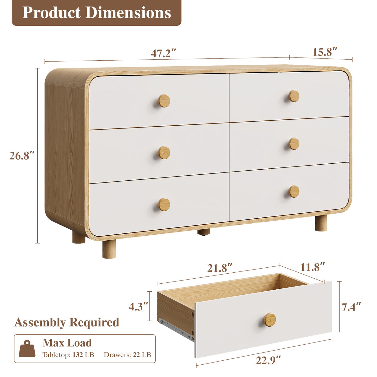 Satifur 6-Drawer Dresser, Wide Chest of Drawers Storage Organizer, Wooden Cabinet with Anti-Tip Safety for Living Room, Bedroom