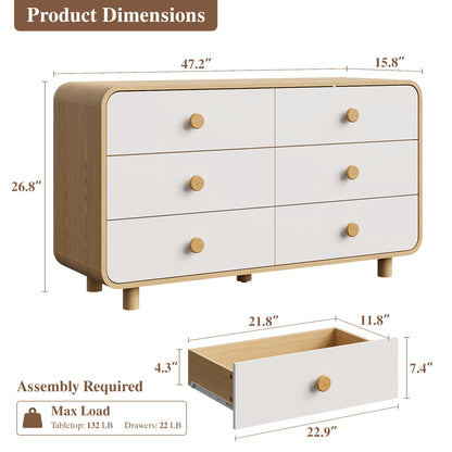 Satifur 6-Drawer Dresser, Wide Chest of Drawers Storage Organizer, Wooden Cabinet with Anti-Tip Safety for Living Room, Bedroom