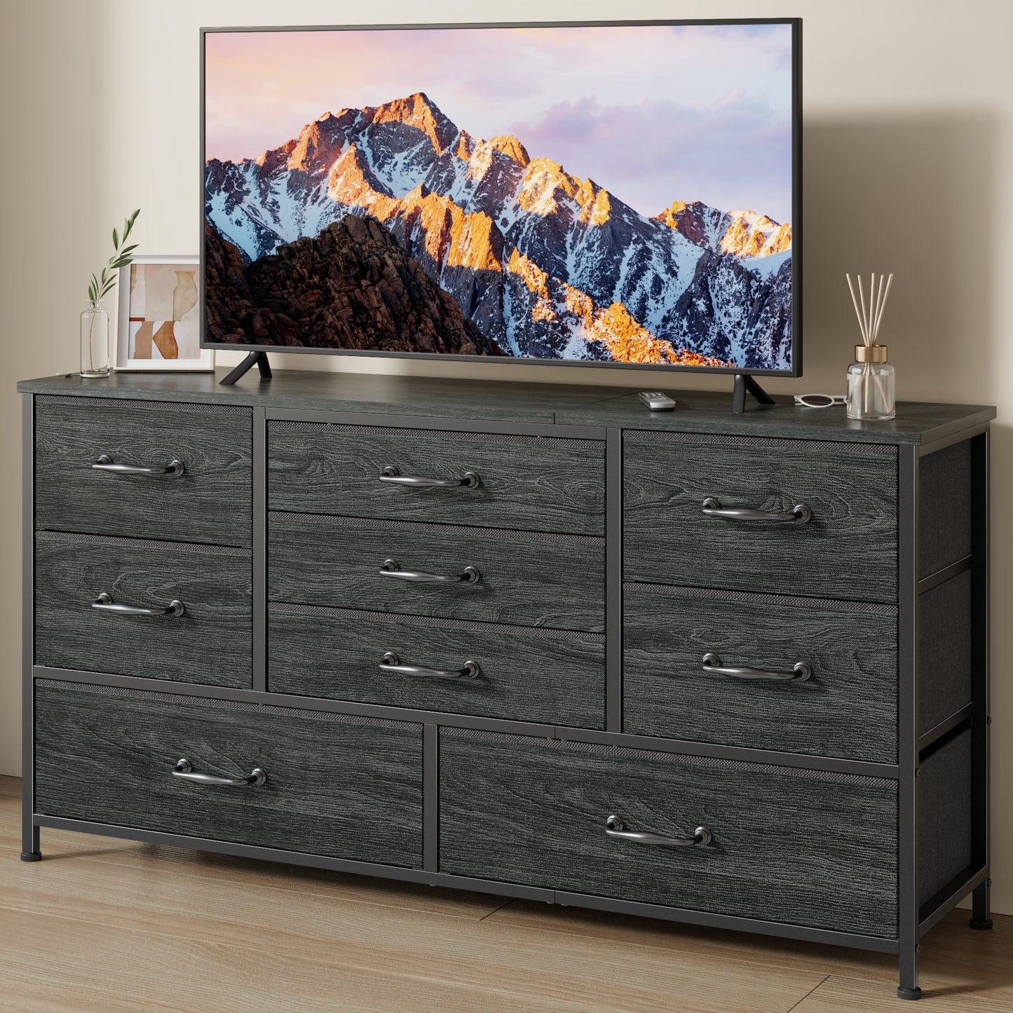 Tydimor TV Stand for TVs up to 55", Home Entertainment Center with 9 Drawers, Media Console for Living Room, Black Oak