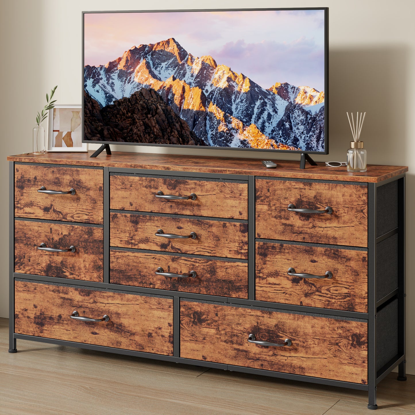Tydimor TV Stand for TVs up to 55", Home Entertainment Center with 9 Drawers, Media Console for Living Room, Rustic Brown