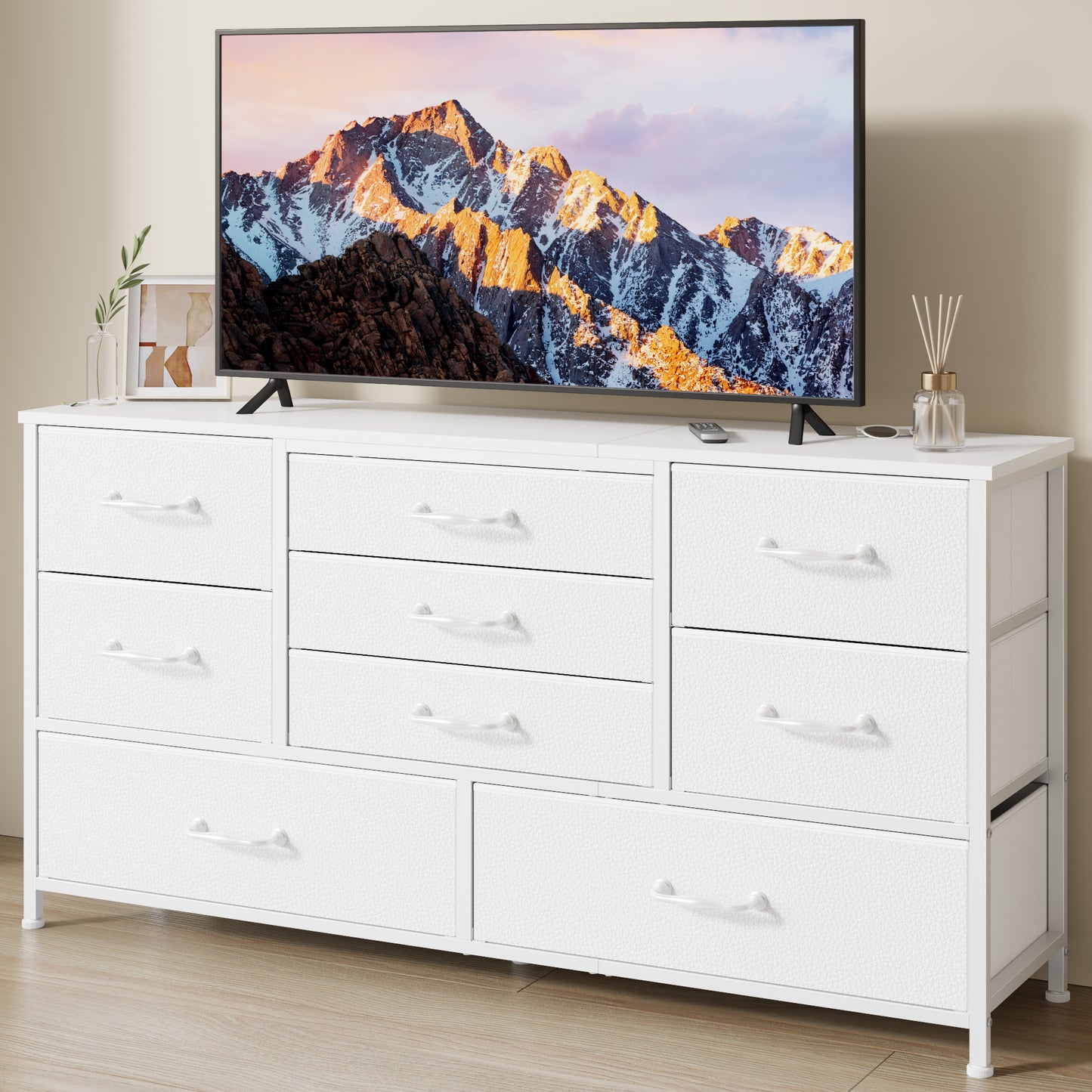 Tydimor TV Stand for TVs up to 55", Home Entertainment Center with 9 Drawers, Media Console for Living Room, White