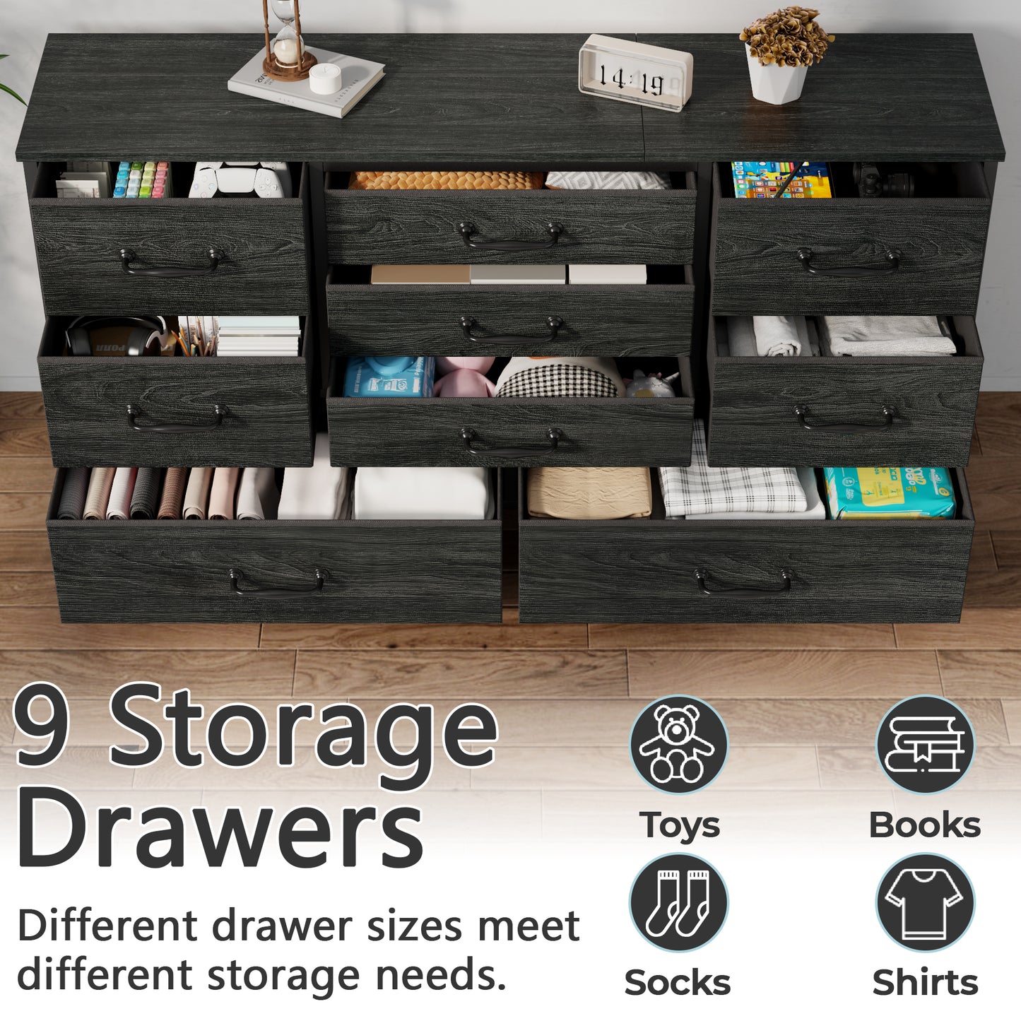 Tydimor TV Stand for TVs up to 55", Home Entertainment Center with 9 Drawers, Media Console for Living Room, Black Oak