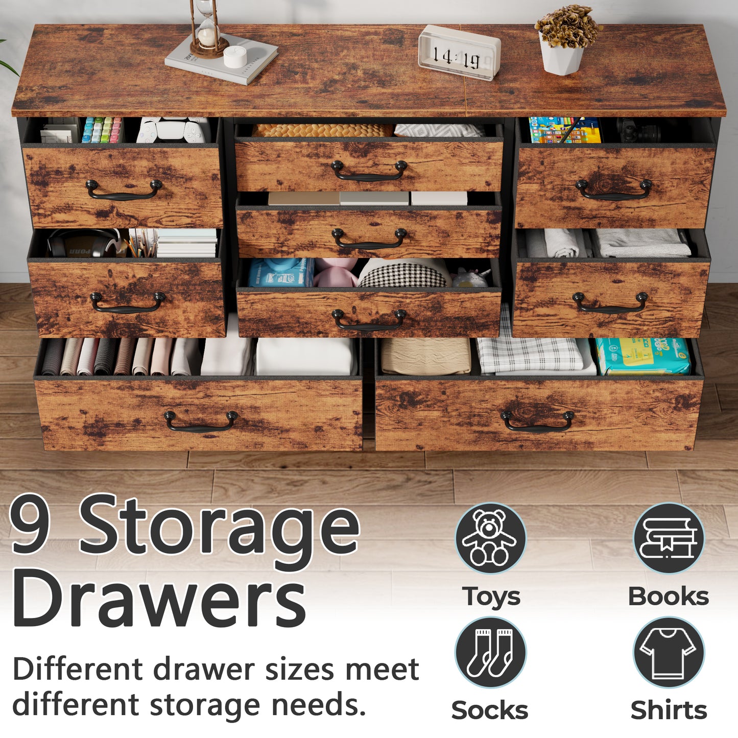 Tydimor TV Stand for TVs up to 55", Home Entertainment Center with 9 Drawers, Media Console for Living Room, Rustic Brown