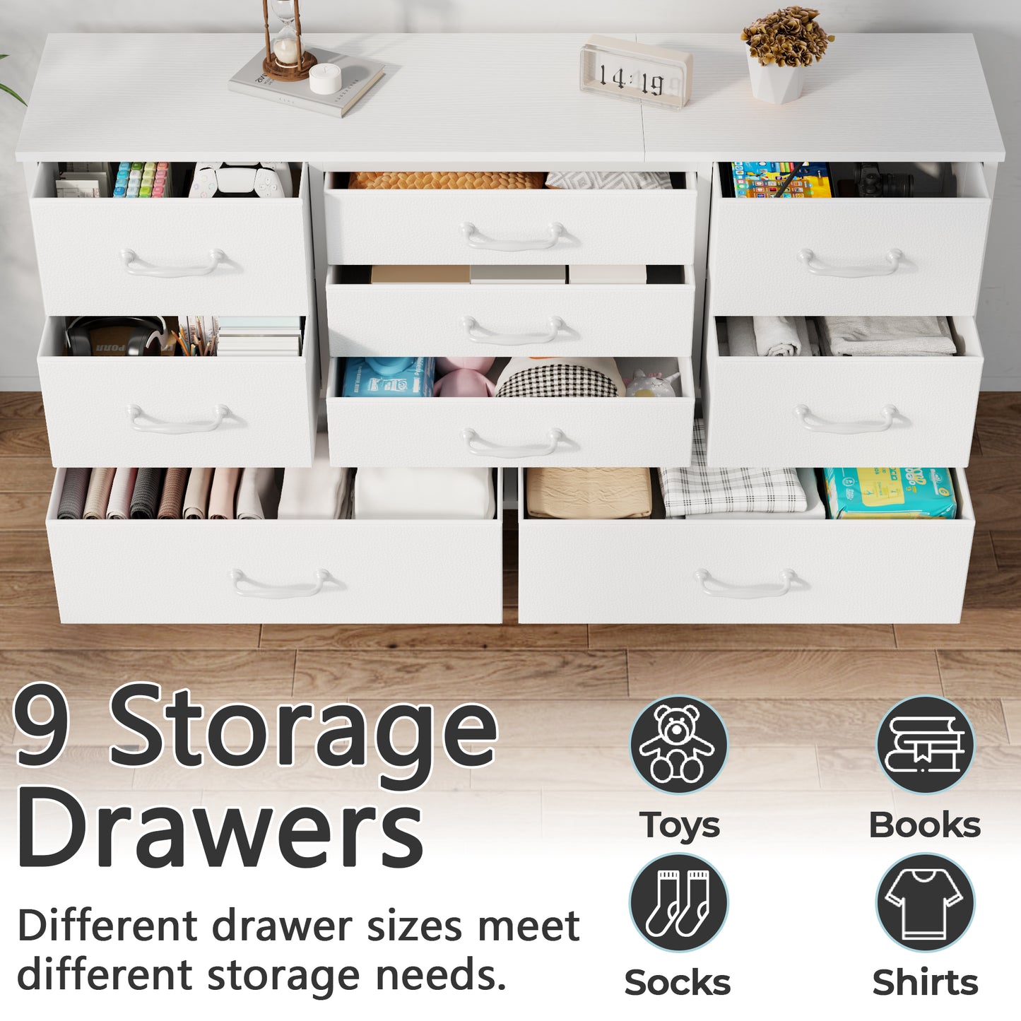 Tydimor TV Stand for TVs up to 55", Home Entertainment Center with 9 Drawers, Media Console for Living Room, White