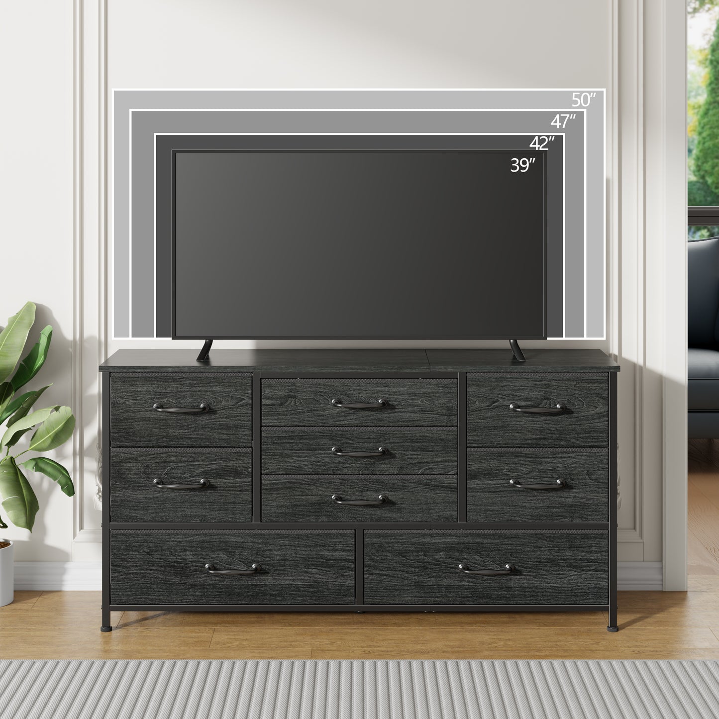 Tydimor TV Stand for TVs up to 55", Home Entertainment Center with 9 Drawers, Media Console for Living Room, Black Oak