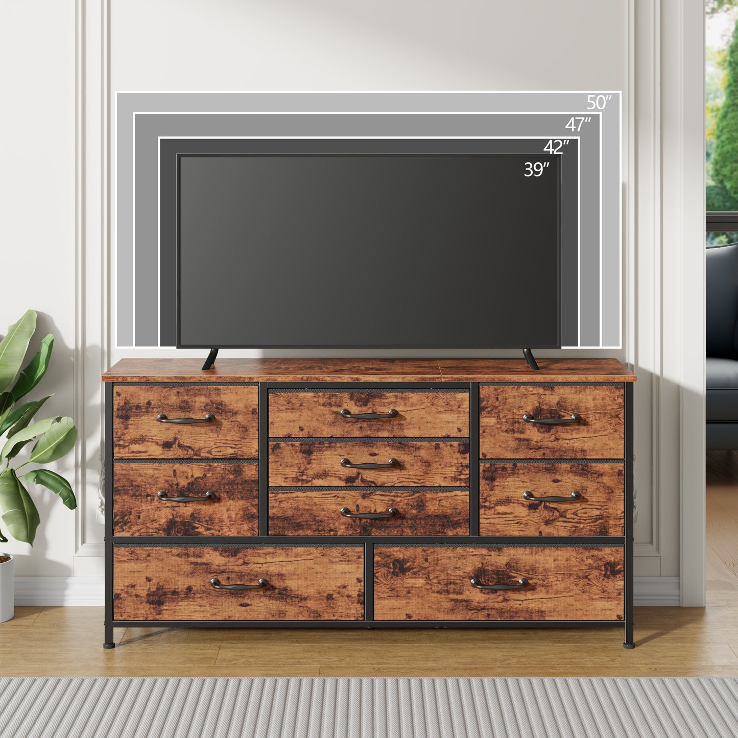 Tydimor TV Stand for TVs up to 55", Home Entertainment Center with 9 Drawers, Media Console for Living Room, Rustic Brown