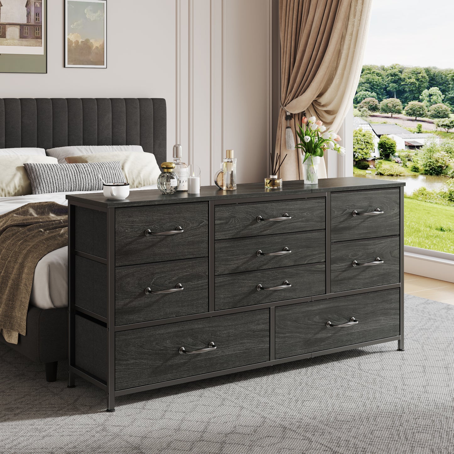 Tydimor TV Stand for TVs up to 55", Home Entertainment Center with 9 Drawers, Media Console for Living Room, Black Oak