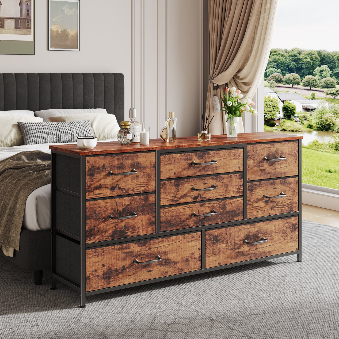 Tydimor TV Stand for TVs up to 55", Home Entertainment Center with 9 Drawers, Media Console for Living Room, Rustic Brown