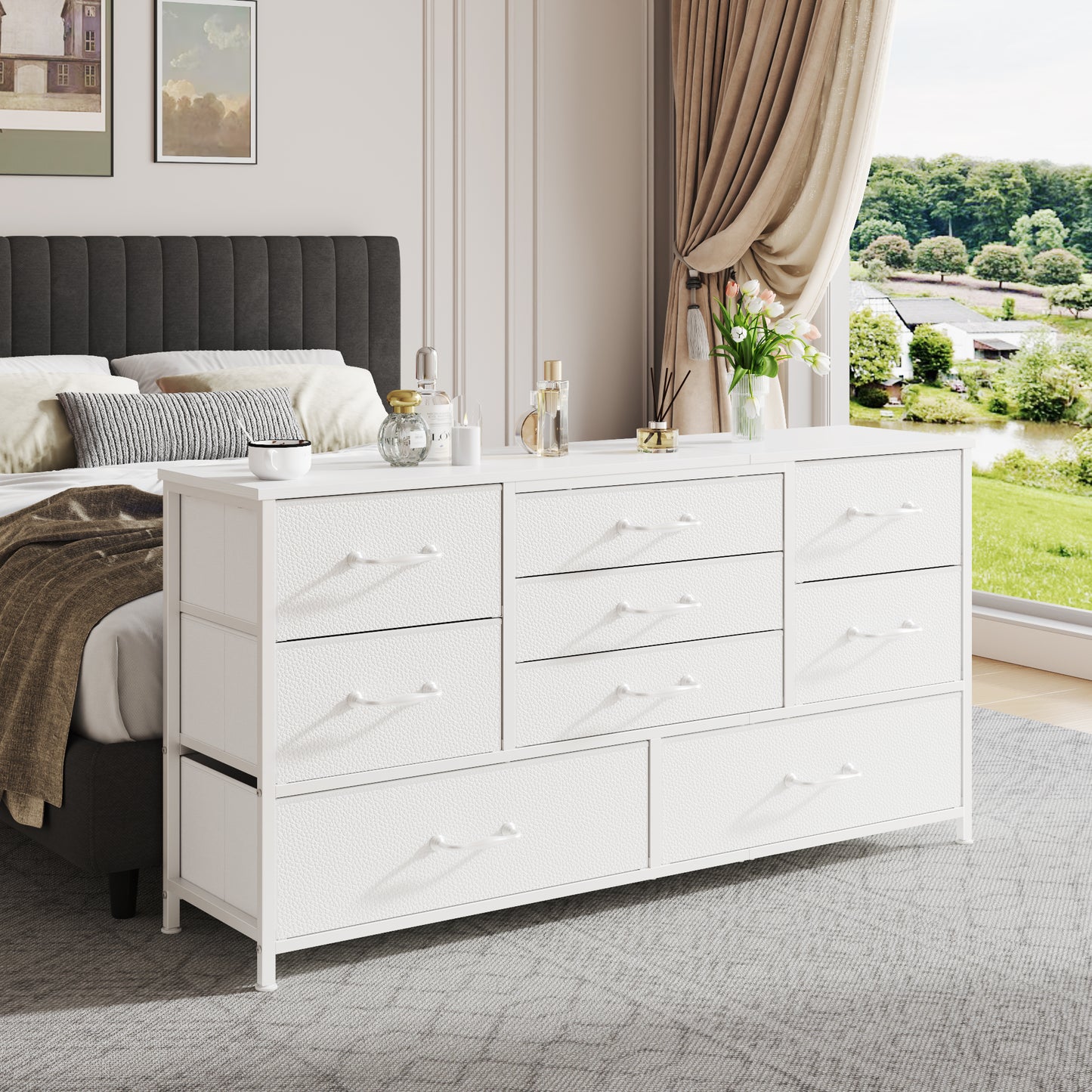 Tydimor TV Stand for TVs up to 55", Home Entertainment Center with 9 Drawers, Media Console for Living Room, White