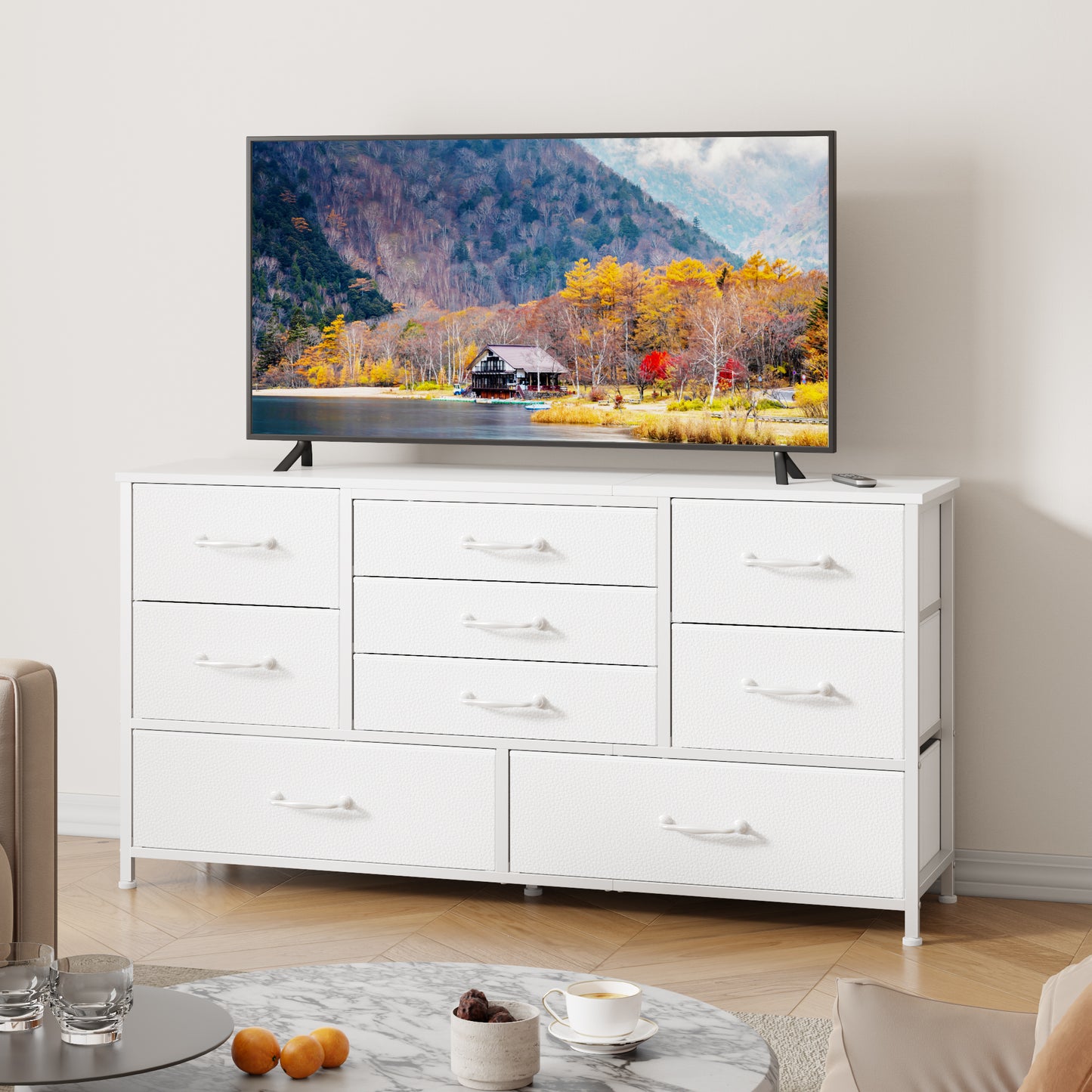 Tydimor TV Stand for TVs up to 55", Home Entertainment Center with 9 Drawers, Media Console for Living Room, White