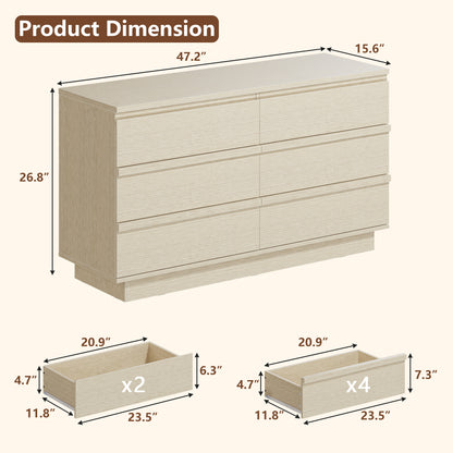 Tydimor 6 Drawer Dresser, 47" Wide Chest of Drawers with Beveled Handles, Wood Grain Storage Cabinet & TV Stand, Light Oak