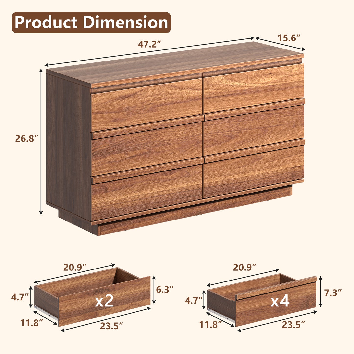 Satifur Modern 6 Drawer Dresser for Bedroom, Wide Wooden Chest of Drawers, TV Stand Dresser for TV up to 55", Storage Organizer Cabinet, Walnut