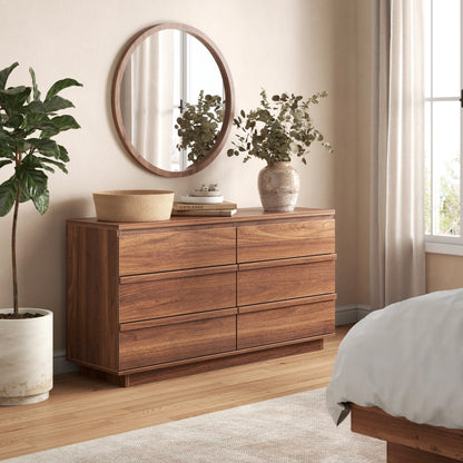 Satifur Modern 6 Drawer Dresser for Bedroom, Wide Wooden Chest of Drawers, TV Stand Dresser for TV up to 55", Storage Organizer Cabinet, Walnut