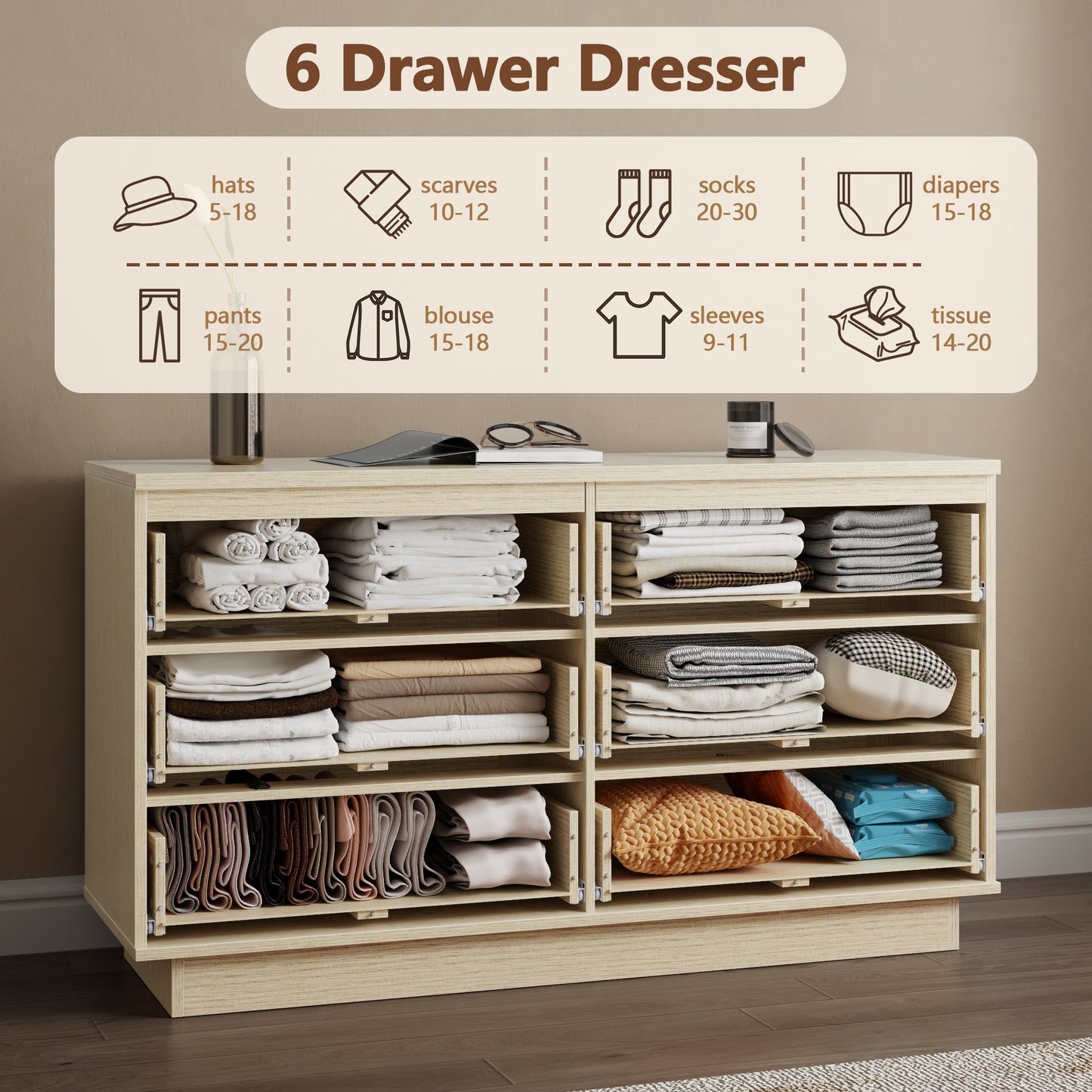 Satifur 6-Drawer Dresser, 47.2 Inch Wide Beech Wood TV Stand & Storage Cabinet for Living Room Bedroom