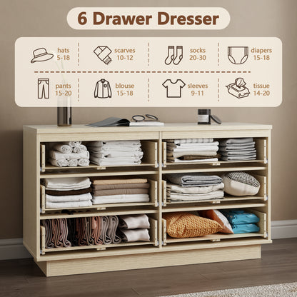 Tydimor 6 Drawer Dresser, 47" Wide Chest of Drawers with Beveled Handles, Wood Grain Storage Cabinet & TV Stand, Light Oak